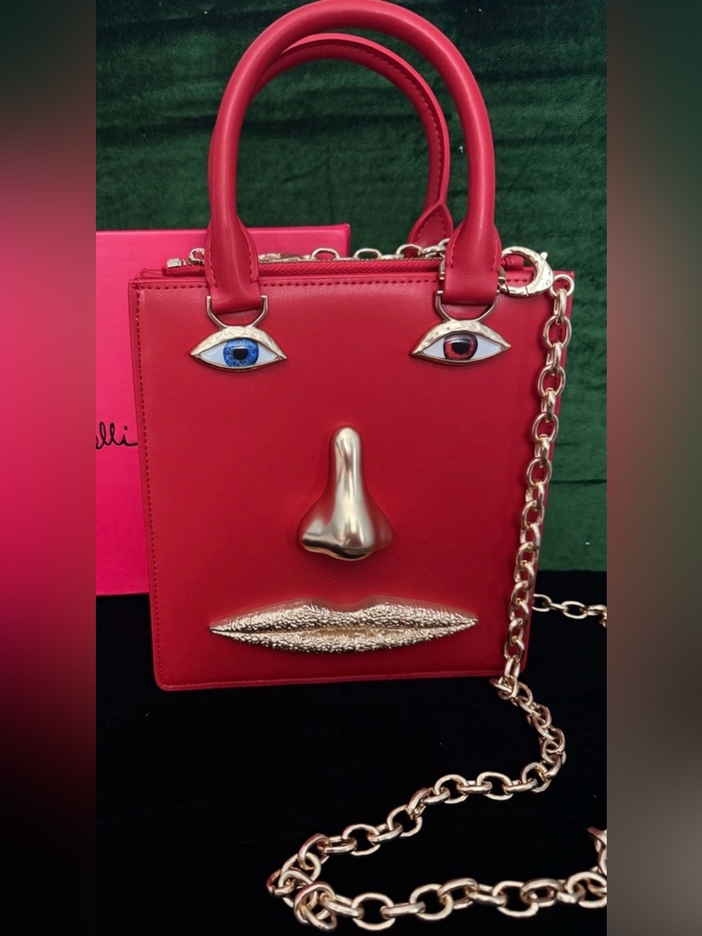 Schiaparelli Inspired Red Face Motif Leather Top-Handle Bag